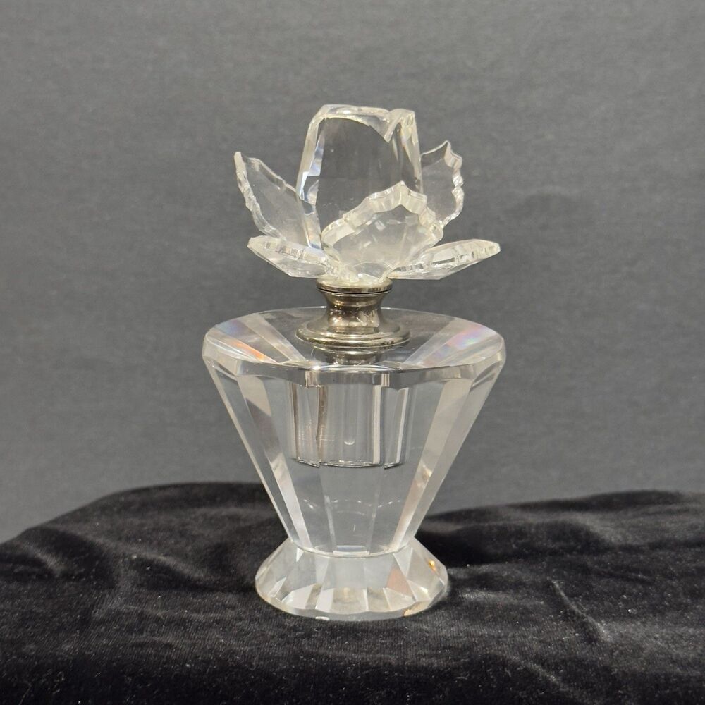 Vtg Shannon Clear Glass Perfume Bottle Vanity Dresser Flower Rose Twist Dauber